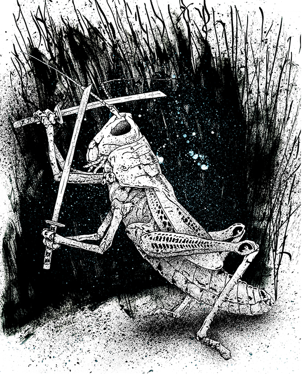 Image of a Grasshopper weilding samurai swords - Artist: Jonas Hastings